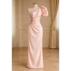 Vintage 1980s After Five Blush Pink One-Shoulder Beaded Evening Gown Size 8